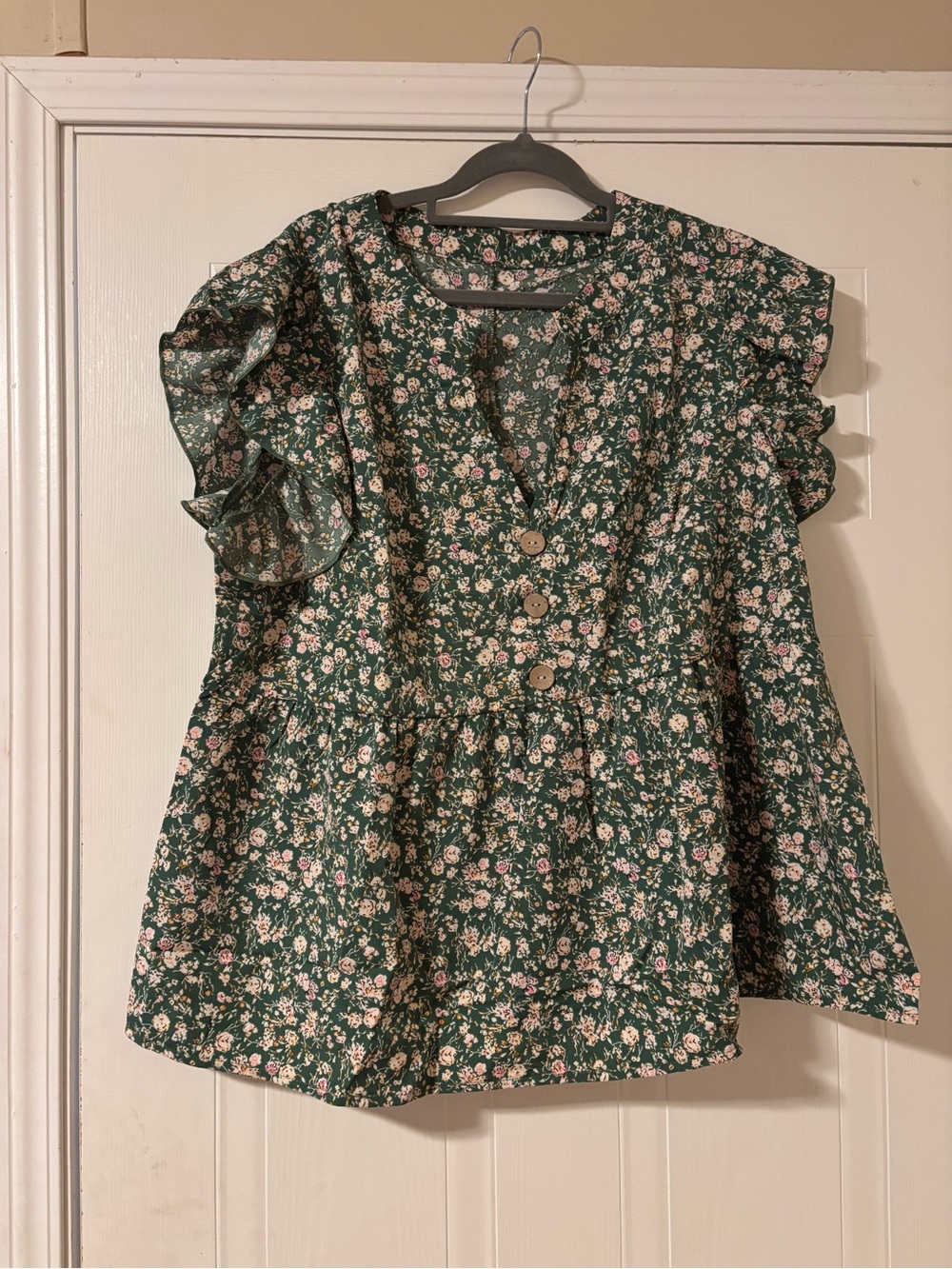 Floral Ruffle Sleeve Peplum Top - Green